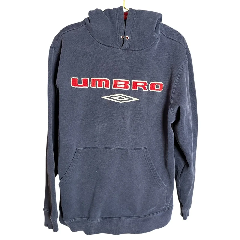 Umbro Vintage 90s Hoodie Navy Blue Red Lined‎ Logo Sweatshirt Y2K Size Large